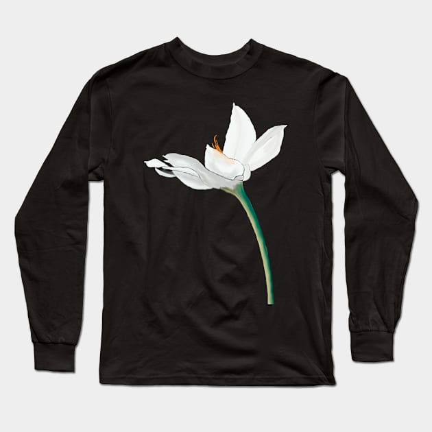 White Flower on Black Long Sleeve T-Shirt by designs-by-ann